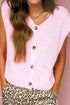 Pink Solid Color Knit V Neck Button Front Sweater Vest