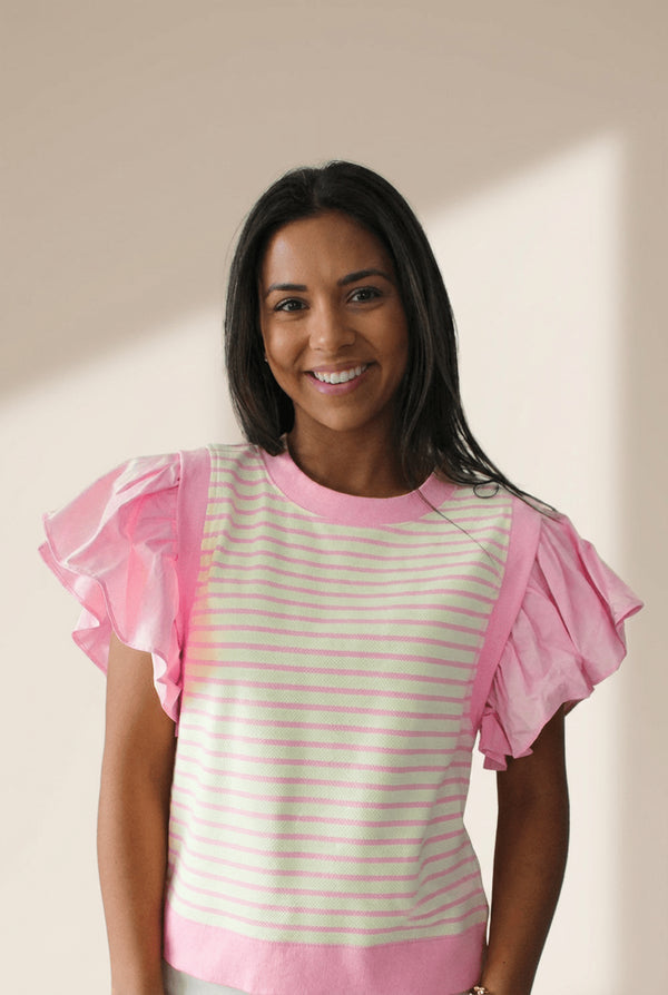Women's Stylish Women's Pink Striped Ruffled Blouse with Short Sleeves and Unique Patchwork Design for Summer Fashion