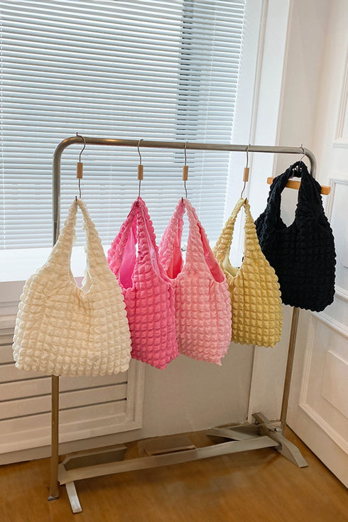 Pink Solid Color Puffy Textured Tote Bag