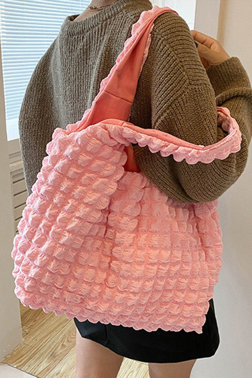Pink Solid Color Puffy Textured Tote Bag