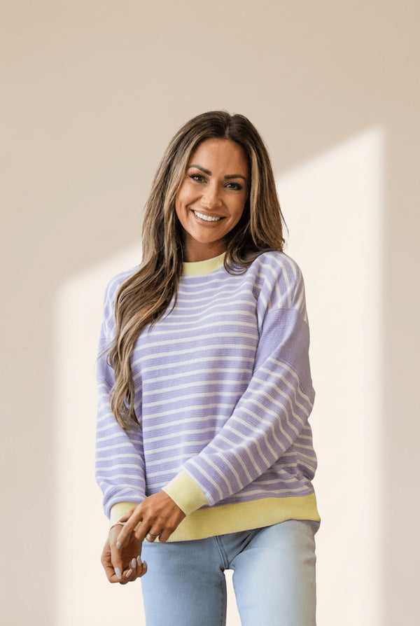 women's stylish women's purple stripe colorblock knit top with contrast trim and drop shoulder - comfortable casual wear with practical styling and