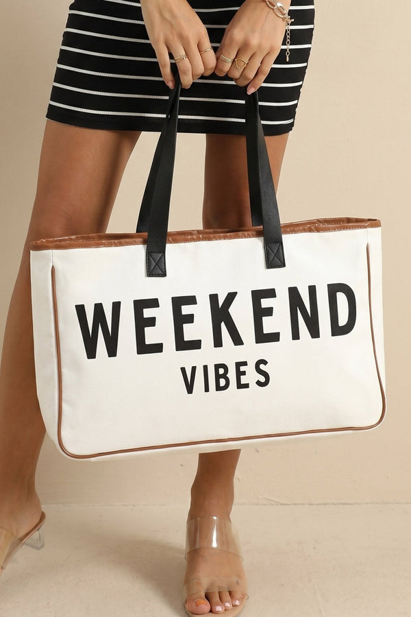 Stylish Women's White Canvas Tote Bag - Ideal for Summer Travel, Spacious Design with Trendy Weekend Vibes Print
