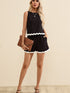 Summer Chic Black Ricrac Trim Sleeveless Tank Top and Elastic Waist Shorts Set