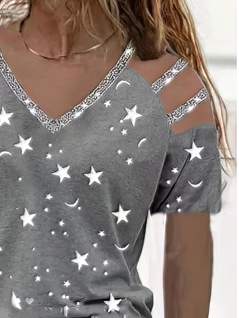 Summer Star Print V-neck Off-shoulder T-shirt - Drop Shoulder - Off-Shoulder - Barcelet - Scoop - Bare
