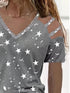 Summer Star Print V-neck Off-shoulder T-shirt - Drop Shoulder - Off-Shoulder - Barcelet - Scoop - Bare