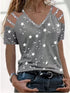 Summer Star Print V-neck Off-shoulder T-shirt - Drop Shoulder - Off-Shoulder - Barcelet - Scoop - Bare