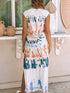Summer White Tie Dye Maxi Dress with Cap Sleeves and Slit Detail