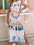 Summer White Tie Dye Maxi Dress with Cap Sleeves and Slit Detail