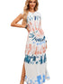 Summer White Tie Dye Maxi Dress with Cap Sleeves and Slit Detail