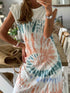 Summer White Tie Dye Maxi Dress with Cap Sleeves and Slit Detail