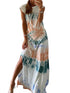 Summer White Tie Dye Maxi Dress with Cap Sleeves and Slit Detail
