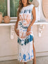 Summer White Tie Dye Maxi Dress with Cap Sleeves and Slit Detail