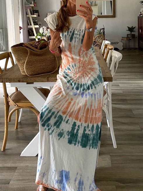 Summer White Tie Dye Maxi Dress with Cap Sleeves and Slit Detail