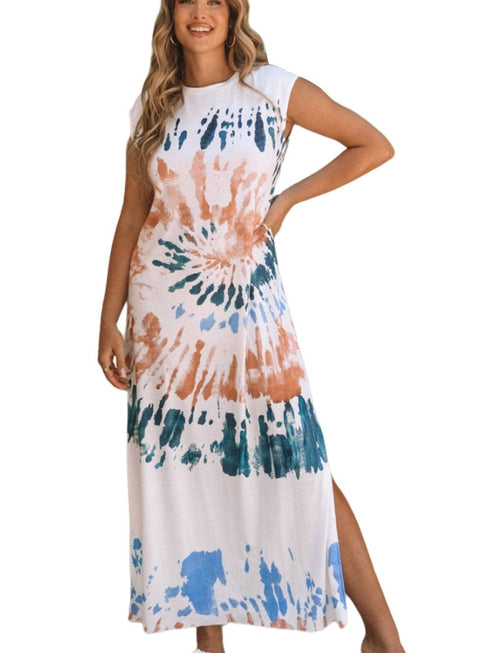 Summer White Tie Dye Maxi Dress with Cap Sleeves and Slit Detail