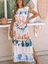 Summer White Tie Dye Maxi Dress with Cap Sleeves and Slit Detail