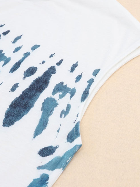 Summer White Tie Dye Maxi Dress with Cap Sleeves and Slit Detail