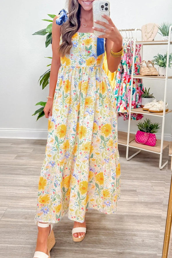 women's summer women's yellow floral high waist dress with denim straps, knot detail and contrast stitching for a chic look with practical styling and