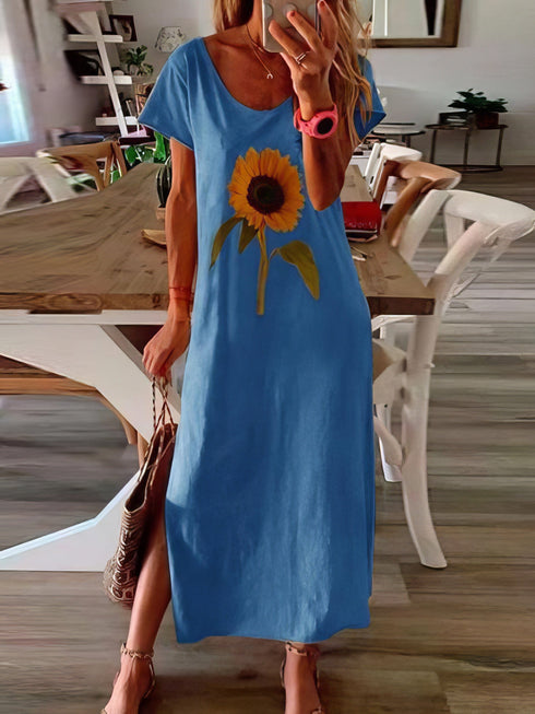 Sunflower Print Short-sleeved Slit Dress