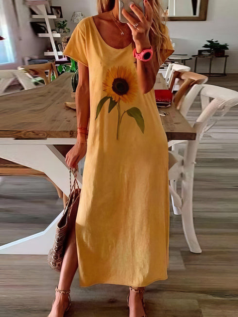 Sunflower Print Short-sleeved Slit Dress