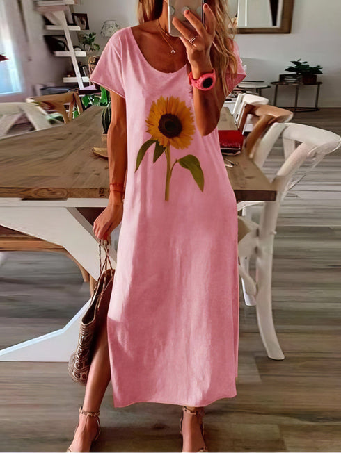 Sunflower Print Short-sleeved Slit Dress