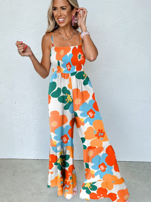Sunny Floral Spaghetti Strap Smocked Wide Leg Jumpsuit
