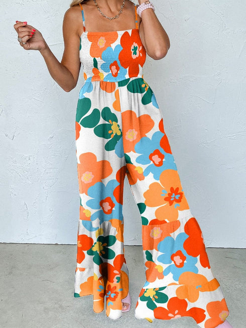 Sunny Floral Spaghetti Strap Smocked Wide Leg Jumpsuit