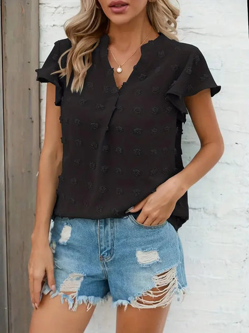 Swiss Dot V Neck Blouse with Ruffled Sleeves for Women's Spring & Summer Fashion