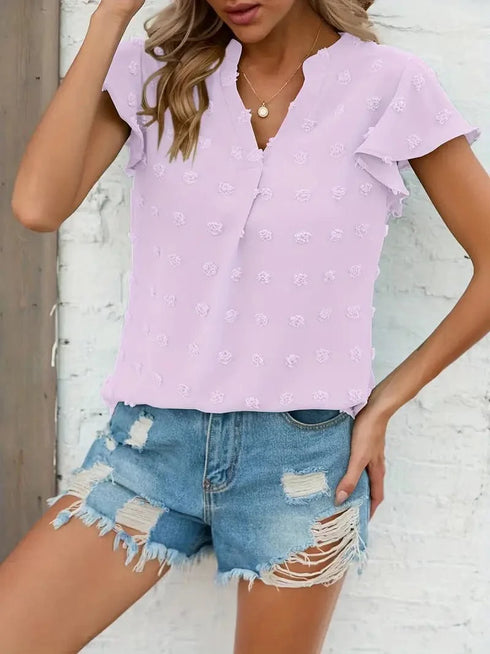 Swiss Dot V Neck Blouse with Ruffled Sleeves for Women's Spring & Summer Fashion