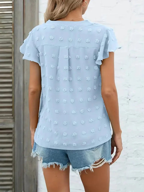 Swiss Dot V Neck Blouse with Ruffled Sleeves for Women's Spring & Summer Fashion