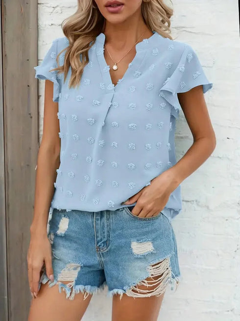 Swiss Dot V Neck Blouse with Ruffled Sleeves for Women's Spring & Summer Fashion
