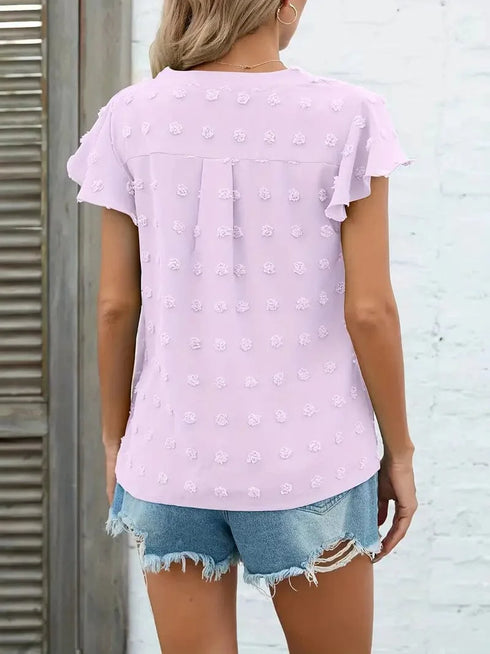 Swiss Dot V Neck Blouse with Ruffled Sleeves for Women's Spring & Summer Fashion