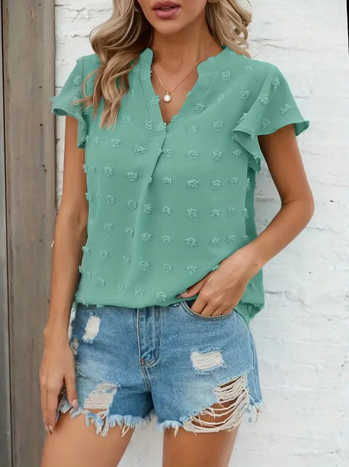 Swiss Dot V Neck Blouse with Ruffled Sleeves for Women's Spring & Summer Fashion