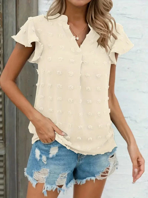 Swiss Dot V Neck Blouse with Ruffled Sleeves for Women's Spring & Summer Fashion