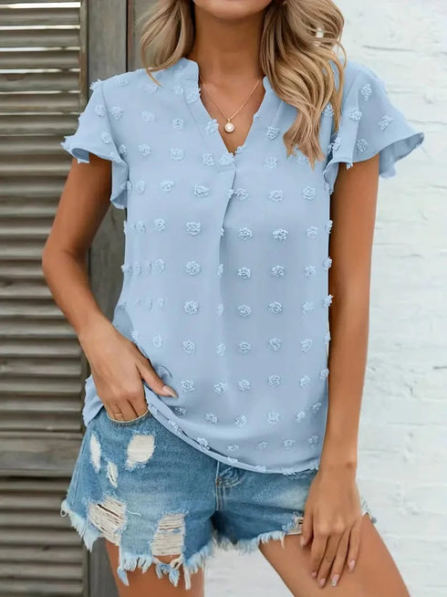 Swiss Dot V Neck Blouse with Ruffled Sleeves for Women's Spring & Summer Fashion