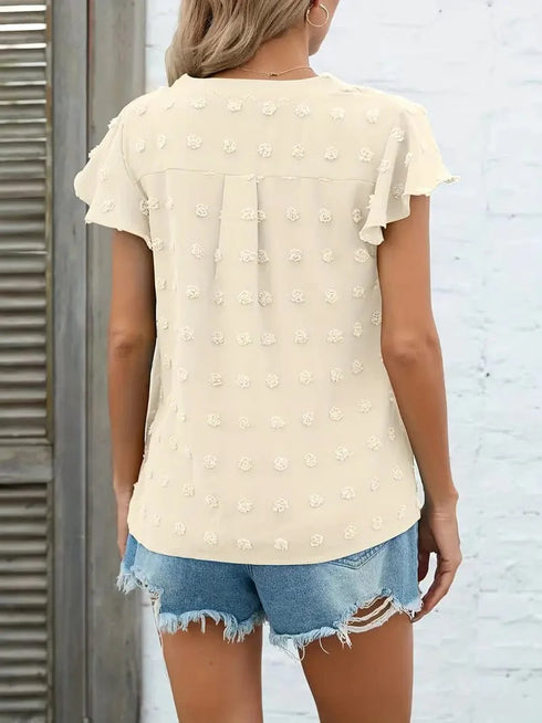 Swiss Dot V Neck Blouse with Ruffled Sleeves for Women's Spring & Summer Fashion