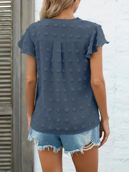 Swiss Dot V Neck Blouse with Ruffled Sleeves for Women's Spring & Summer Fashion