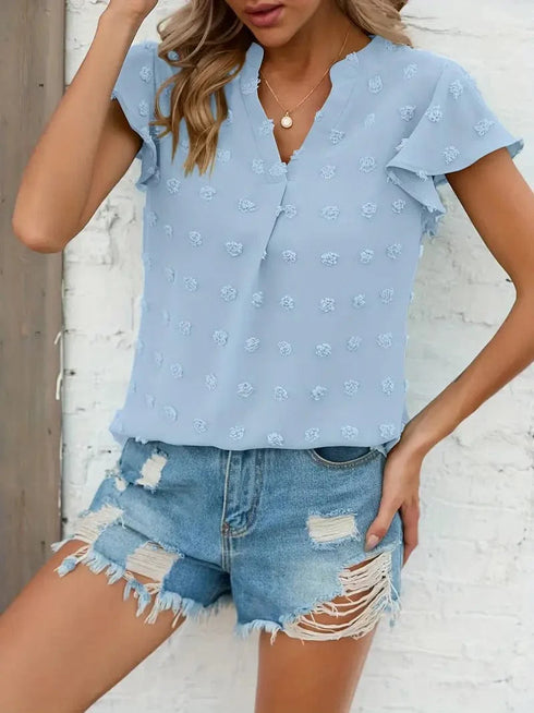 Swiss Dot V Neck Blouse with Ruffled Sleeves for Women's Spring & Summer Fashion