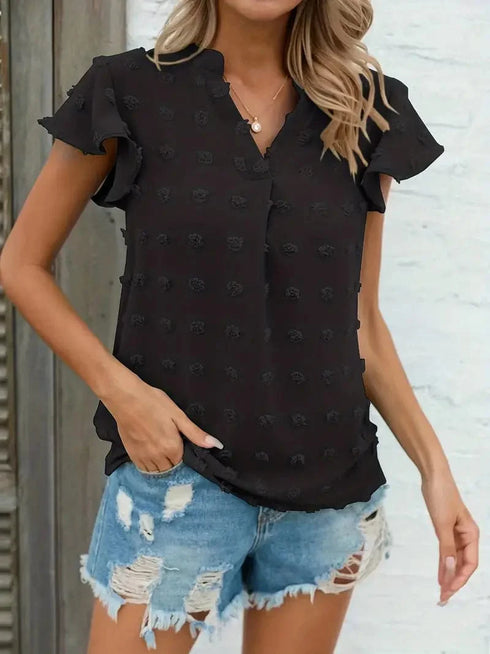 Swiss Dot V Neck Blouse with Ruffled Sleeves for Women's Spring & Summer Fashion