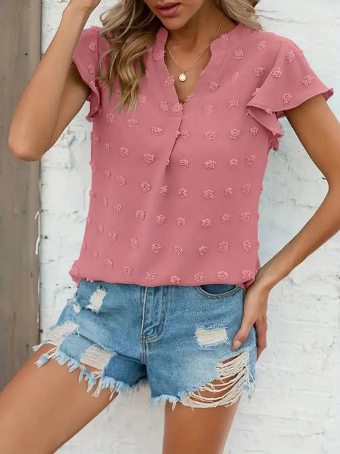 Swiss Dot V Neck Blouse with Ruffled Sleeves for Women's Spring & Summer Fashion