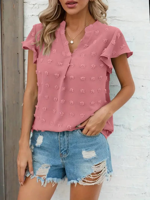Swiss Dot V Neck Blouse with Ruffled Sleeves for Women's Spring & Summer Fashion