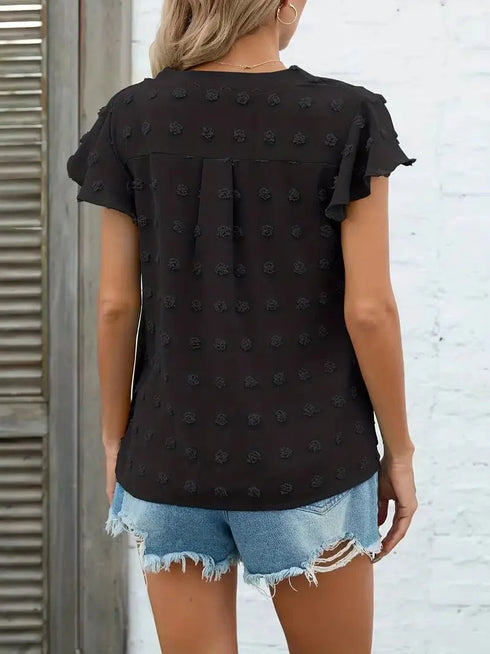 Swiss Dot V Neck Blouse with Ruffled Sleeves for Women's Spring & Summer Fashion