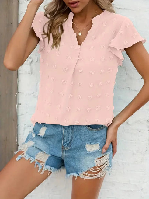 Swiss Dot V Neck Blouse with Ruffled Sleeves for Women's Spring & Summer Fashion