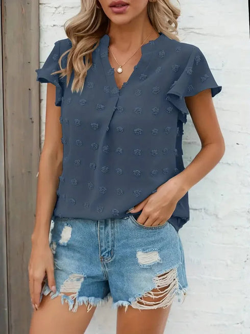 Swiss Dot V Neck Blouse with Ruffled Sleeves for Women's Spring & Summer Fashion