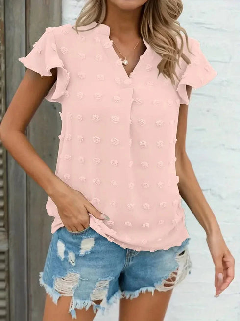 Swiss Dot V Neck Blouse with Ruffled Sleeves for Women's Spring & Summer Fashion