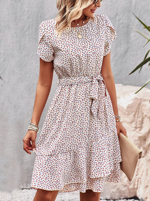 Temperament Floral Casual Strap Waist Round Neck Mini Dress