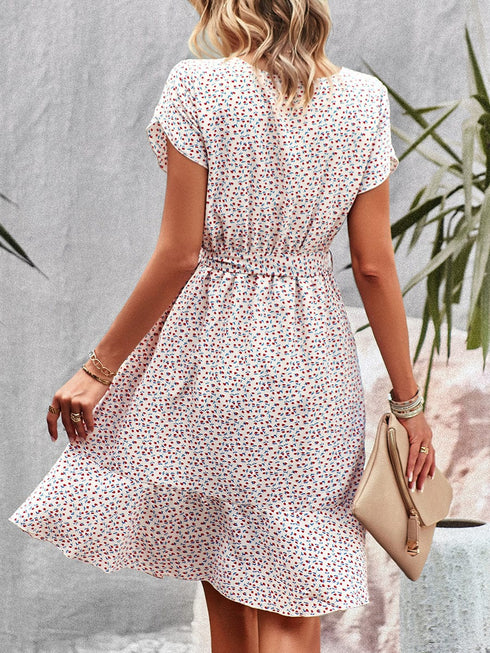 Temperament Floral Casual Strap Waist Round Neck Mini Dress