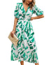 Temperament Print Waist V Neck Midi Dress