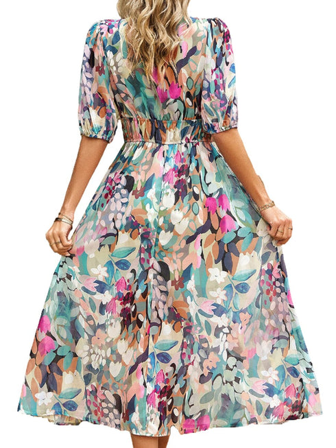 Temperament Print Waist V Neck Midi Dress