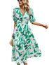 Temperament Print Waist V Neck Midi Dress