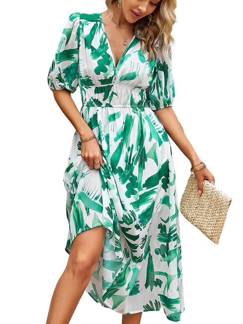 Temperament Print Waist V Neck Midi Dress